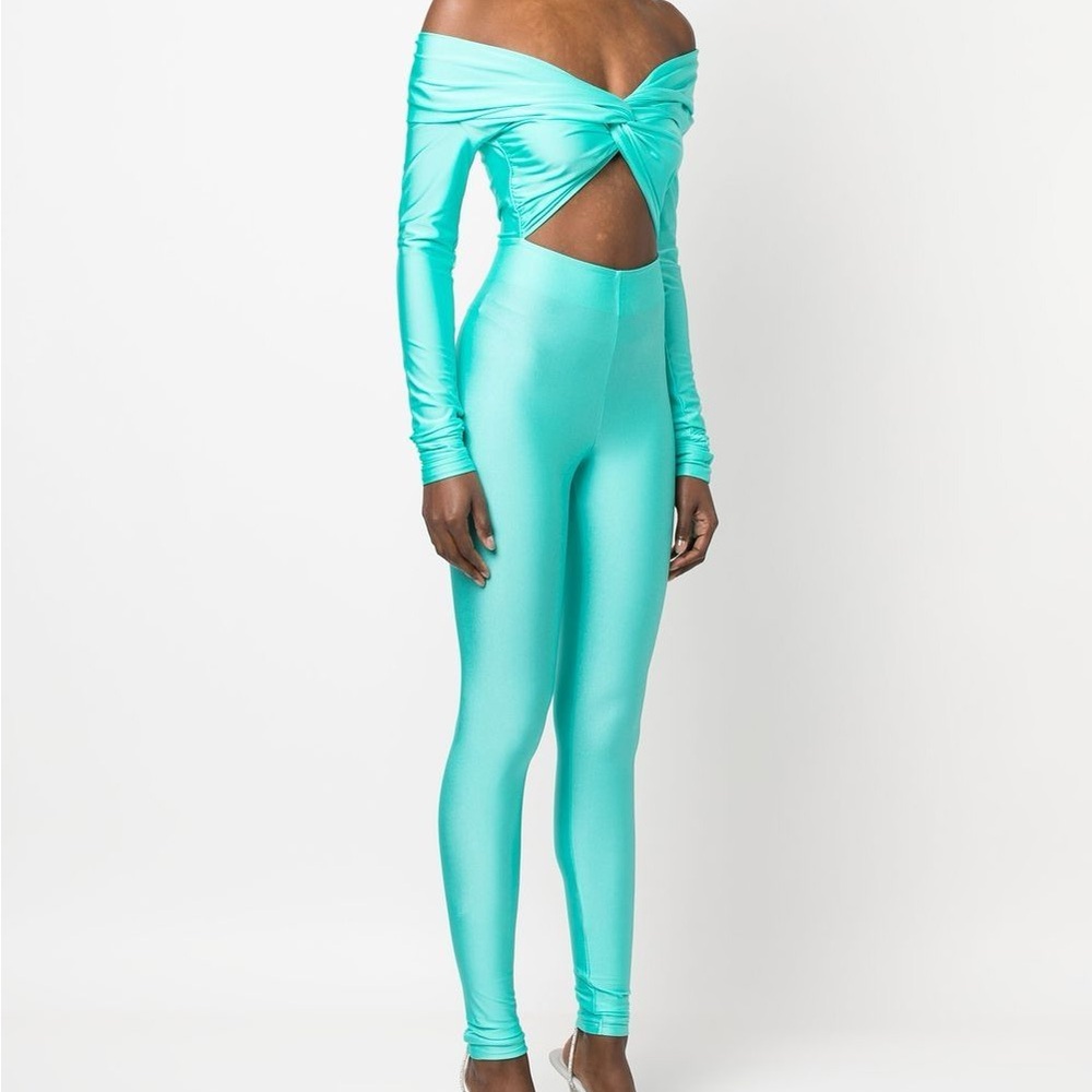 Off-Shoulder Twist Front Jumpsuit in Aqua